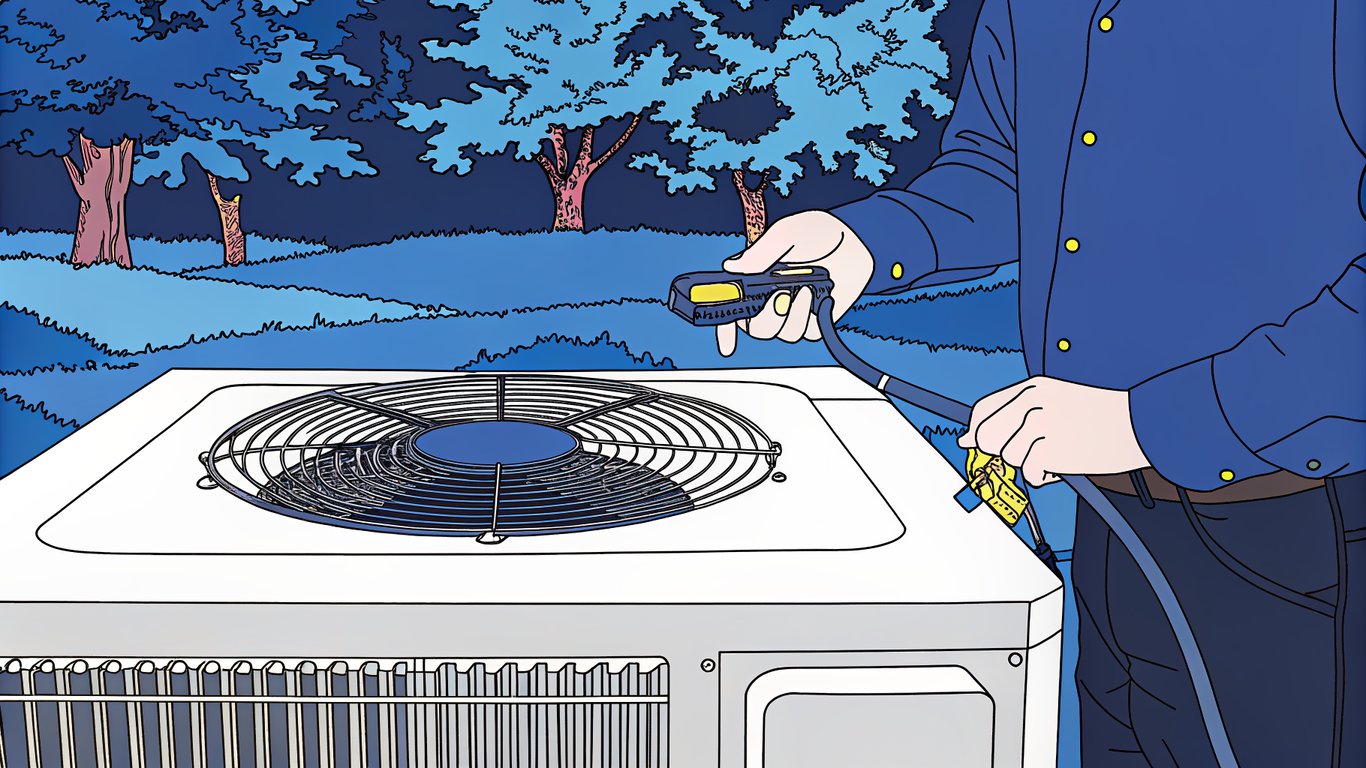 Technician using an electronic leak detector on a heat pump's refrigerant lines.