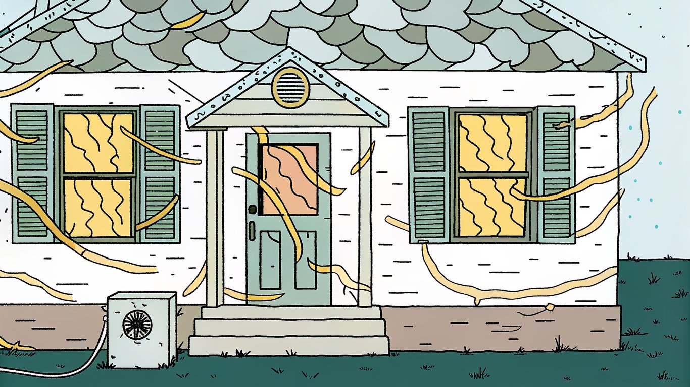 Illustration of a house losing heat through poorly insulated areas, with a heat pump working inefficiently.