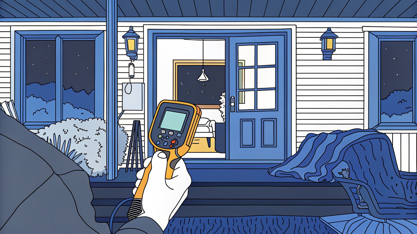 An energy auditor using a thermal camera and a blower door test to identify heat loss and air leaks in a house.