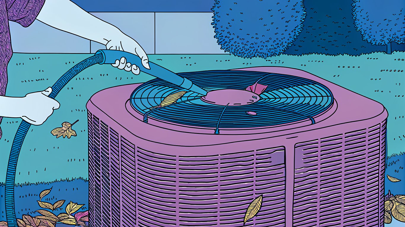 A person cleaning an outdoor heat pump unit with a hose, removing leaves and debris.
