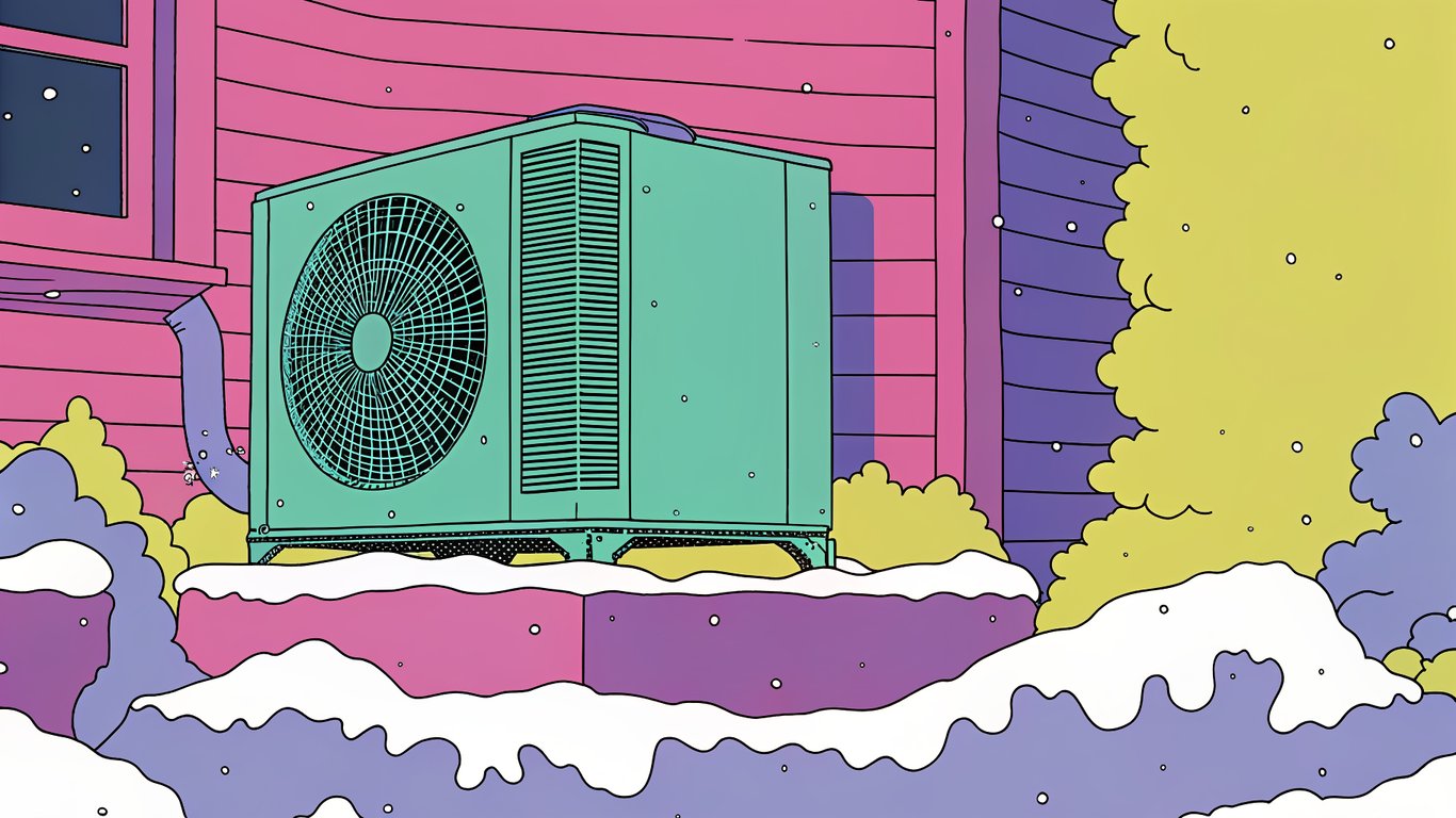 An outdoor heat pump unit placed on an elevated stand, preventing it from being buried in snow.