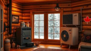 A cozy Quebec home interior with a vintage furnace in one corner, juxtaposed against a sleek, modern heat pump in another, all bathed in warm amber lighting, while outside a snow‑covered pine forest and a subtle maple leaf motif hint at the Canadian winter. The contrast between old and new heating technology is highlighted by the dramatic lighting and subtle seasonal details.