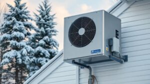 A sleek, stainless steel heat pump mounted on a white Quebec home, its coils glinting against a backdrop of snow‑laden pine trees under a dramatic winter sky. The scene conveys cutting‑edge technology battling the harsh -30 °C climate.