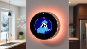 A sleek, wall‑mounted smart thermostat glowing in a stylish kitchen, its screen displaying a stylized map of Quebec with icons of snowflakes and sun, framed by a dramatic split view of a frosty winter landscape on one side and a warm summer scene on the other.