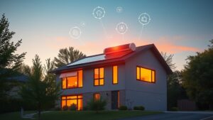 A modern Quebec suburban home with a sleek rooftop heat pump glowing in warm sunrise light, surrounded by lush maple trees and subtle green energy icons floating above, evoking a clean, affordable transition from fossil fuels.