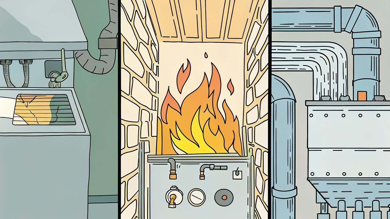 Illustration of three types of furnaces: natural gas, oil, and electric, showing how they generate heat.