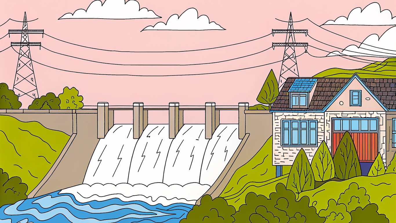 Illustration of a hydroelectric dam providing clean electricity to a home with a heat pump, emphasizing Quebec's renewable energy grid.