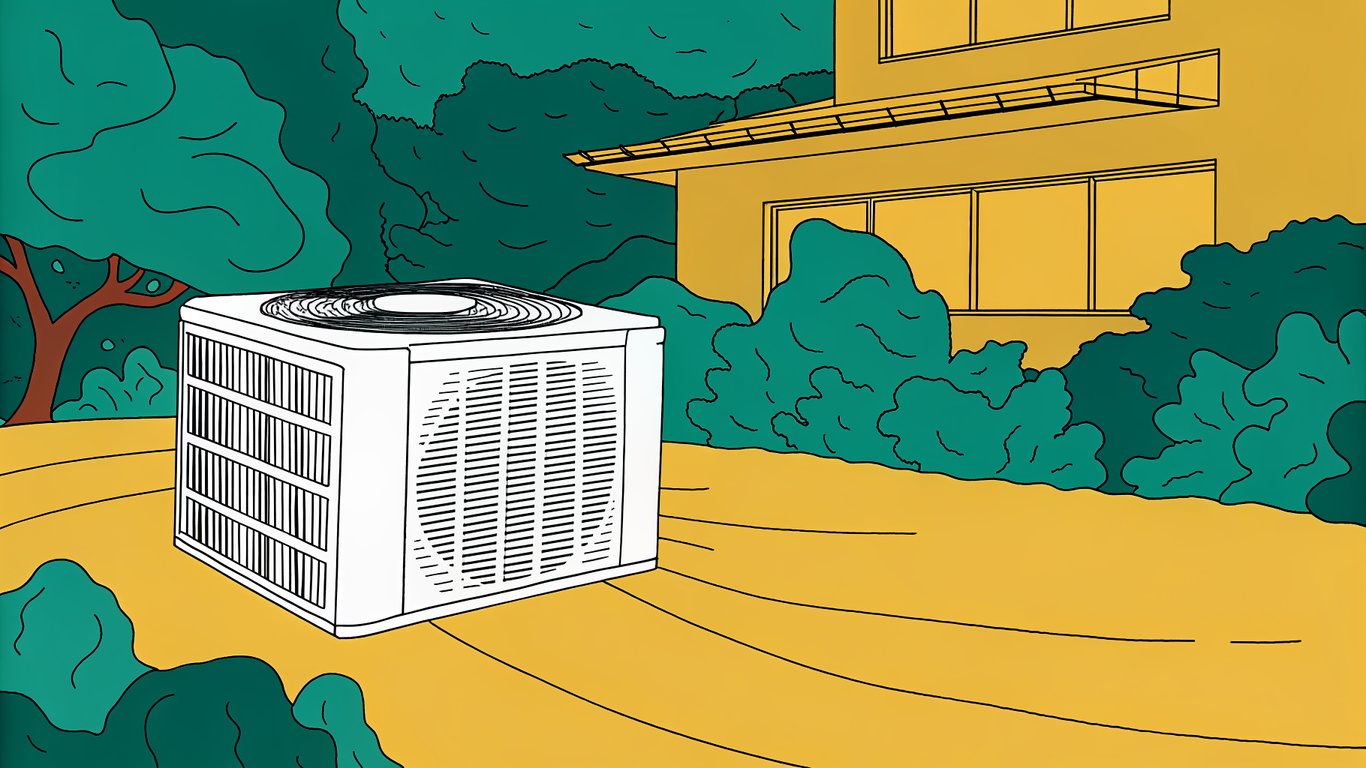 A modern, energy-efficient outdoor heat pump unit installed beside a house.