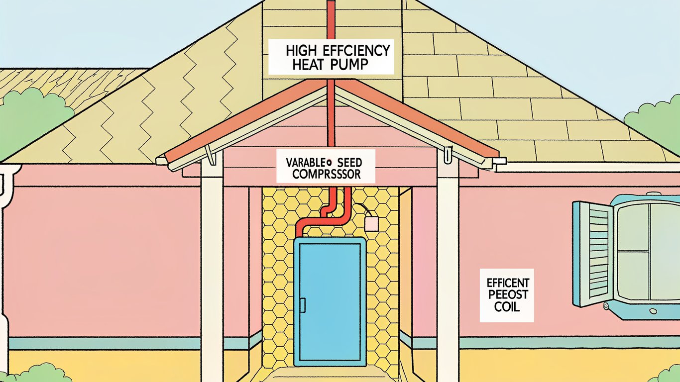 Diagram illustrating the internal workings of a cold-climate heat pump with features like variable-speed compressor and efficient defrost.