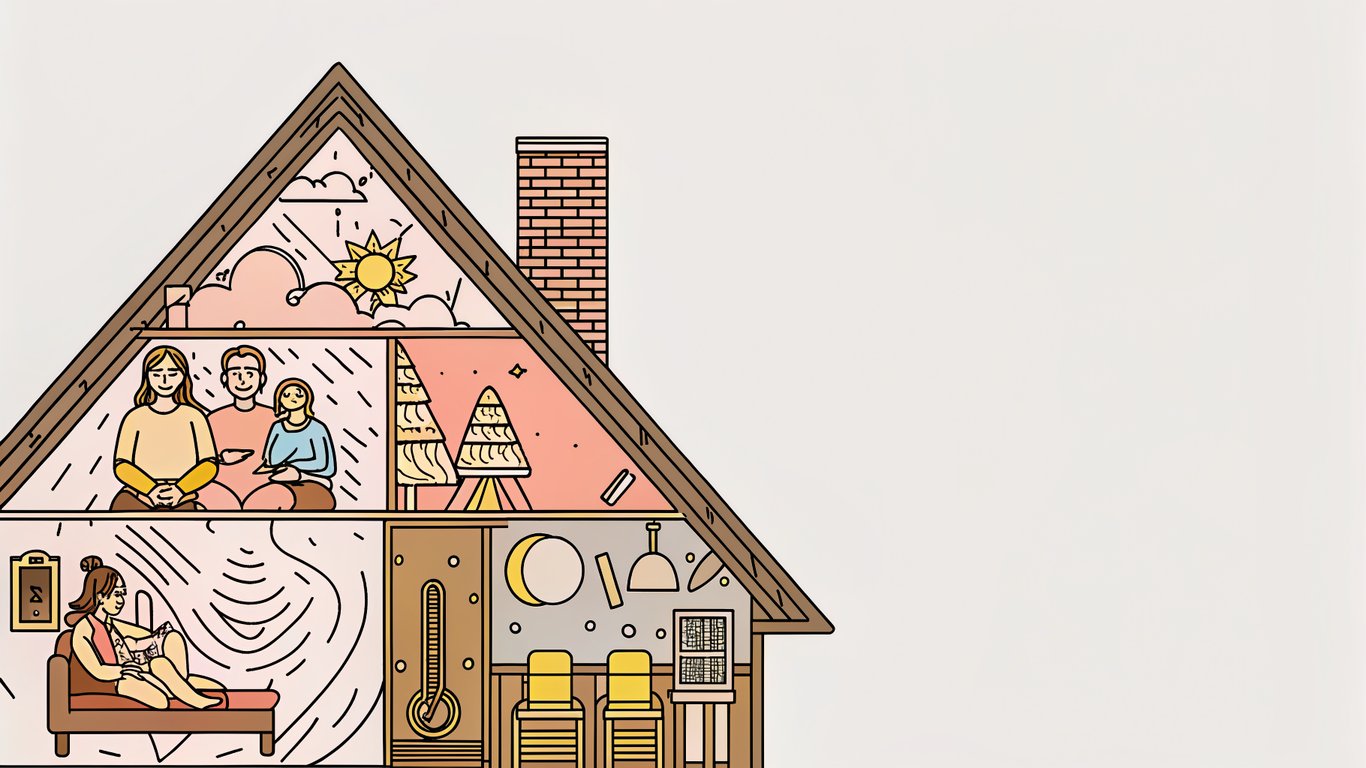 Illustration of a house split into two, one side showing comfort and efficiency, the other showing discomfort and wasted energy due to a poor thermostat.