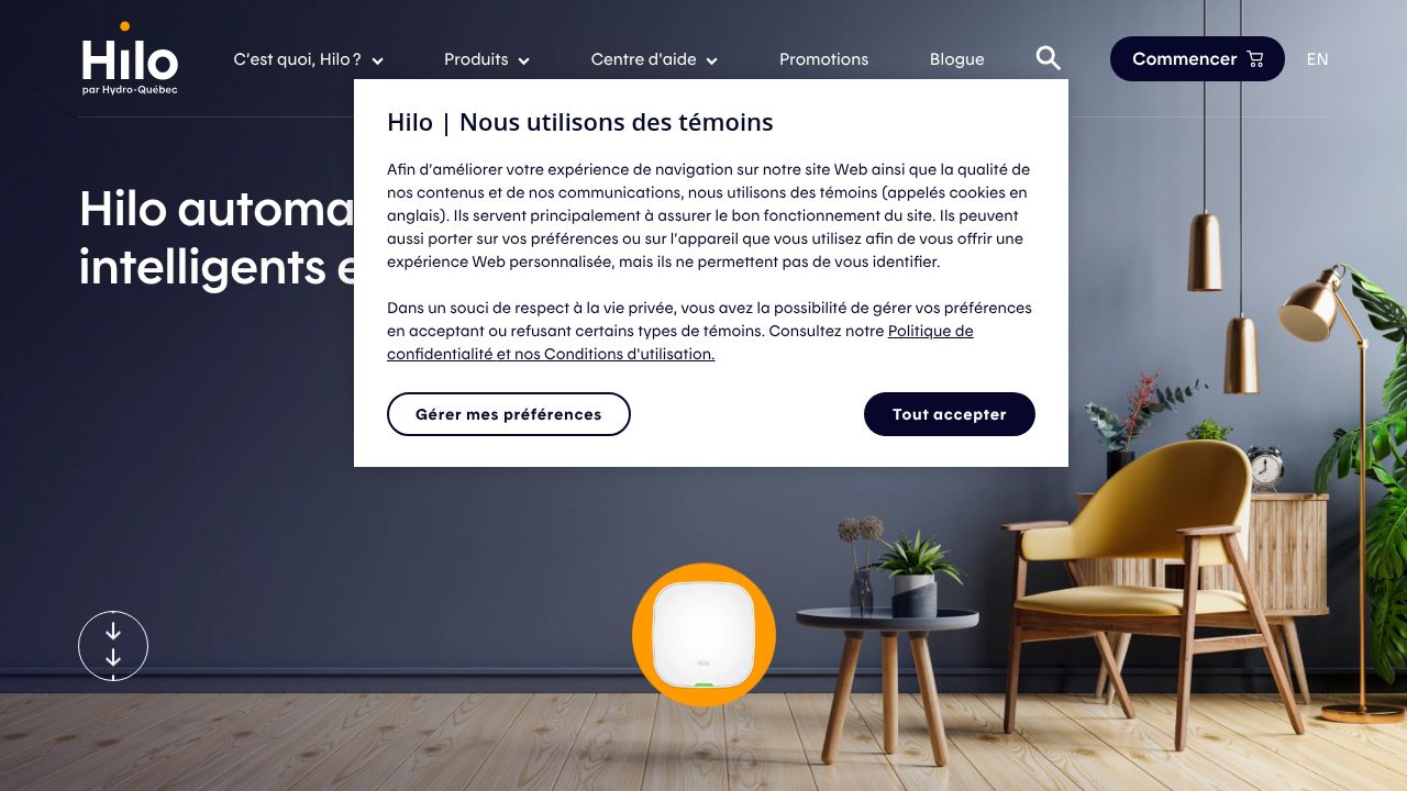 Screenshot of the Hilo Energie website, showing information about their smart thermostat and energy saving program.