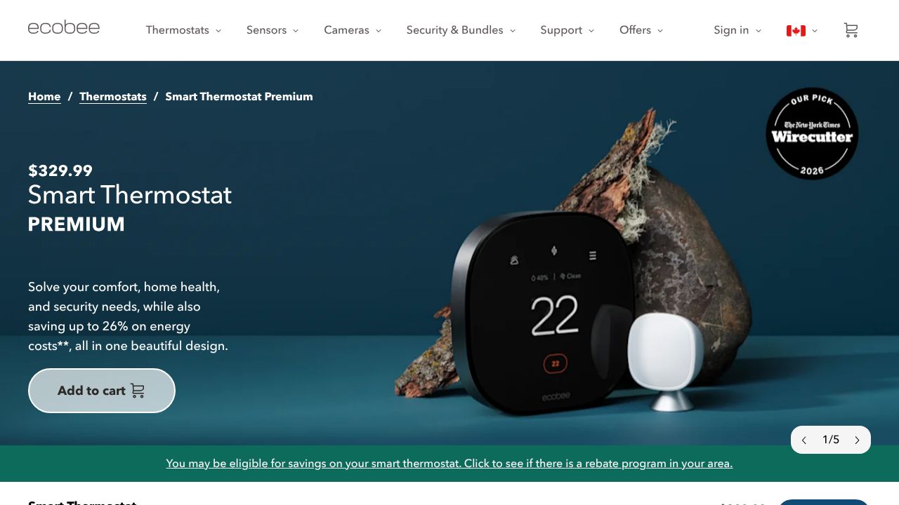 Screenshot of the Ecobee Smart Thermostat Premium product page, highlighting its features and design.