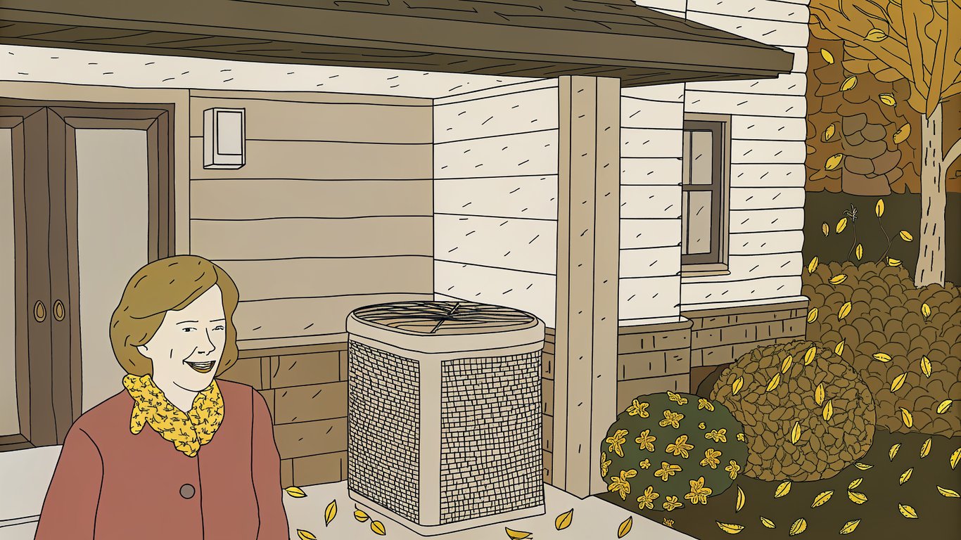 Illustration of a homeowner with a new heat pump, surrounded by symbols of financial grants and green energy.