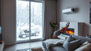 A modern Quebec home with a sleek heat pump visible in the living room, a homeowner using a digital thermometer to assess temperature, while snow blankets the exterior through a large window, illustrating the contrast between warm interior and cold outside.