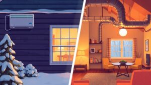A split‑scene illustration of a cozy Quebec home, half showing a sleek wall‑mounted ductless heat pump glowing against a snowy window, the other half revealing a traditional central ducted system with visible ducts running through a living room, all bathed in warm, inviting light.