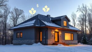 A sleek, modern Quebec home with a visible heat‑pump unit on the roof, surrounded by a glowing maple leaf emblem and subtle dollar‑sign motifs floating above, set against a crisp winter backdrop that transitions into hopeful spring light.