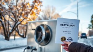 A polished heat pump unit set against a snowy Quebec street with maple trees and a clear blue sky, its chrome surface gleaming. A person in a winter coat holds a neatly bound warranty booklet, conveying protection and reliability.
