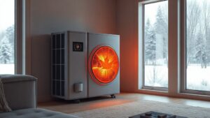 A sleek, modern central heat pump unit glowing warmly inside a stylish Quebec home, with a snowy landscape visible through the windows and a subtle maple leaf motif, evoking comfort and energy efficiency.