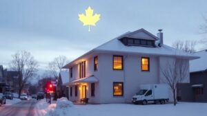 A modern Quebec home in winter, with a sleek heat pump on the roof glowing warmly against a snow-covered street, framed by a subtle maple leaf motif in the sky that evokes Quebec pride and energy savings.