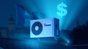 A sleek, modern heat pump mounted on a Quebec home roof, bathed in soft blue‑green light, with the Quebec flag subtly woven into the backdrop, faint silhouettes of federal, provincial and Hydro‑Québec buildings, and a translucent dollar‑sign motif hinting at abundant government funding.