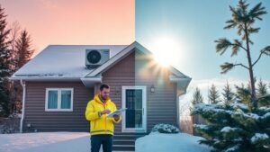 A cozy Quebec home with a sleek heat pump unit on the roof, half of the scene snow‑covered under a pale winter sky and the other half bright and lush under a humid summer sun, a technician in a bright jacket holding a maintenance checklist, symbolizing long‑term care.