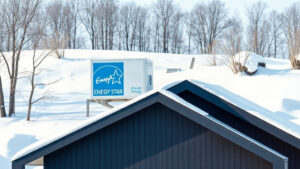 A sleek, modern Quebec home with a visible ENERGY STAR certified heat pump unit on the roof, set against a crisp snowy landscape and subtle green energy motifs that evoke efficiency and savings.