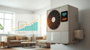 A sleek, modern heat pump unit in a bright, airy living room, its digital display glowing with SEER and HSPF ratings, with a subtle overlay of an energy bill graph in the background.