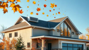 A sleek, modern Quebec home with a visible thermopump unit on the roof, surrounded by a warm glow of maple leaves and subtle dollar signs floating above, symbolizing government rebates and energy savings, under a clear blue sky.