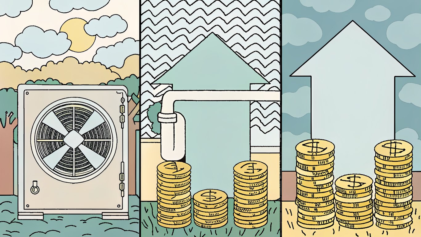 Illustration showing three types of heat pumps (wall-mounted, central, geothermal) with increasing stacks of money next to each, symbolizing varying costs.