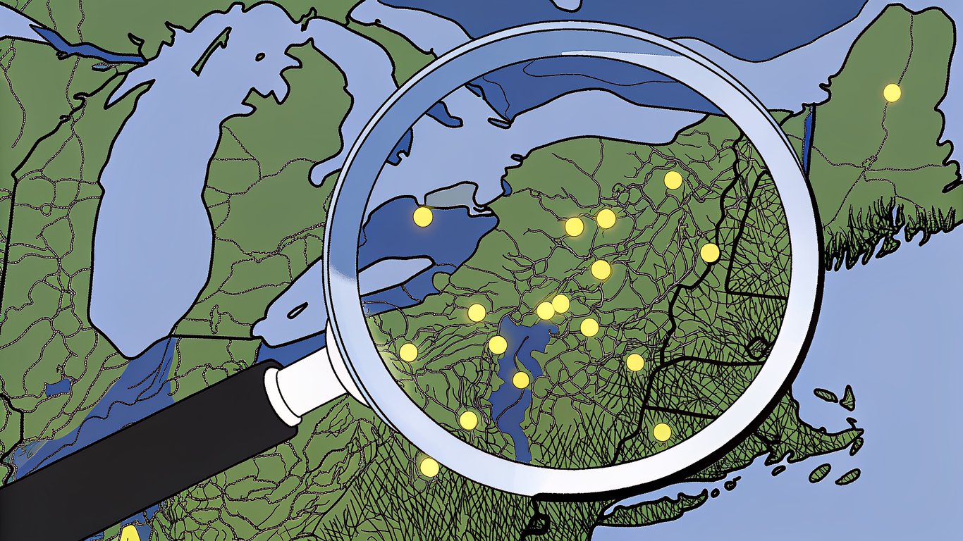 Illustration of a magnifying glass over a map of Quebec, highlighting small, glowing points representing local and regional energy initiatives.