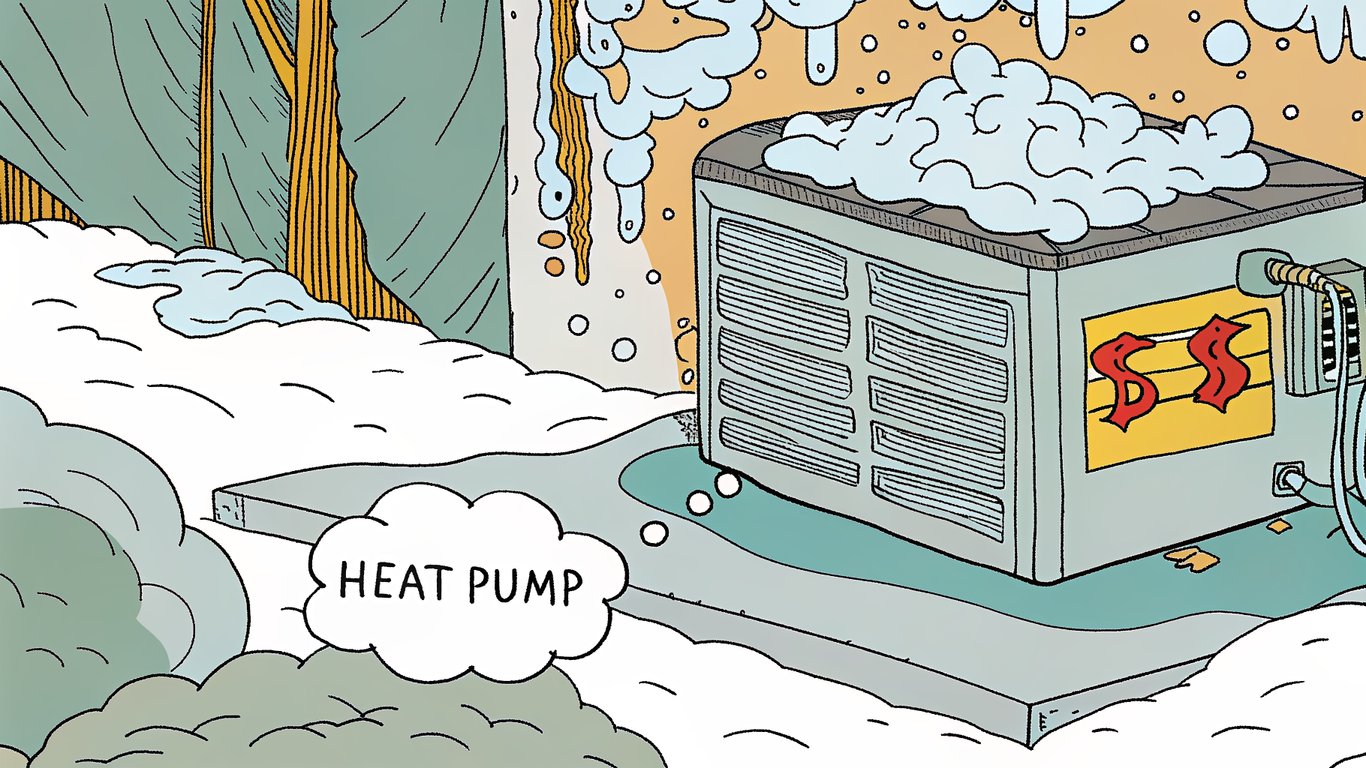 A heat pump struggling in a harsh Quebec winter, symbolizing potential high repair costs without a warranty.