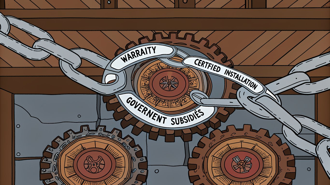 Interlocking gears representing the connection between heat pump warranty, certified installation, and government subsidies.