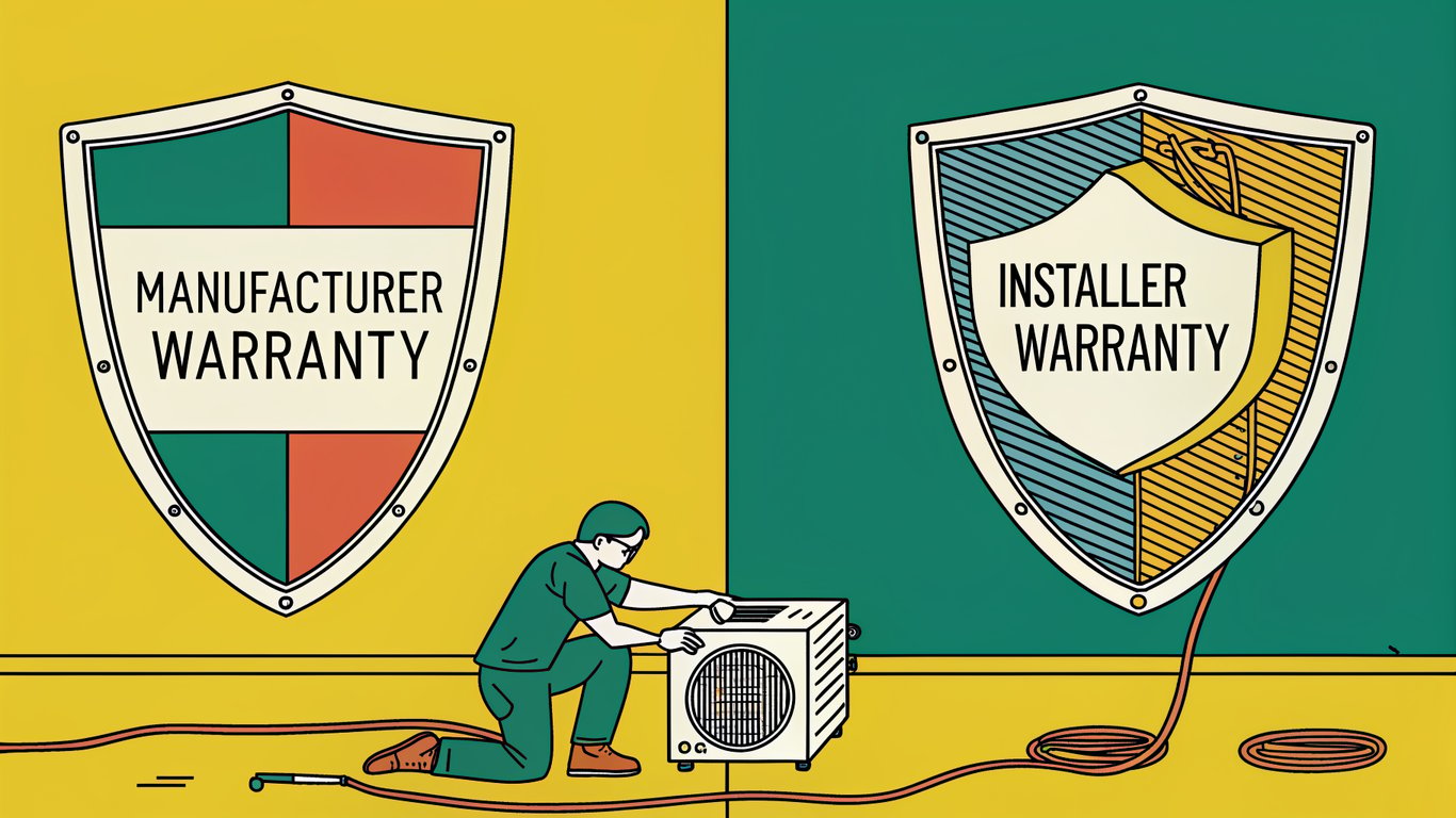 Two shields, one representing manufacturer warranty protecting internal parts, and another representing installer warranty covering labor and installation.