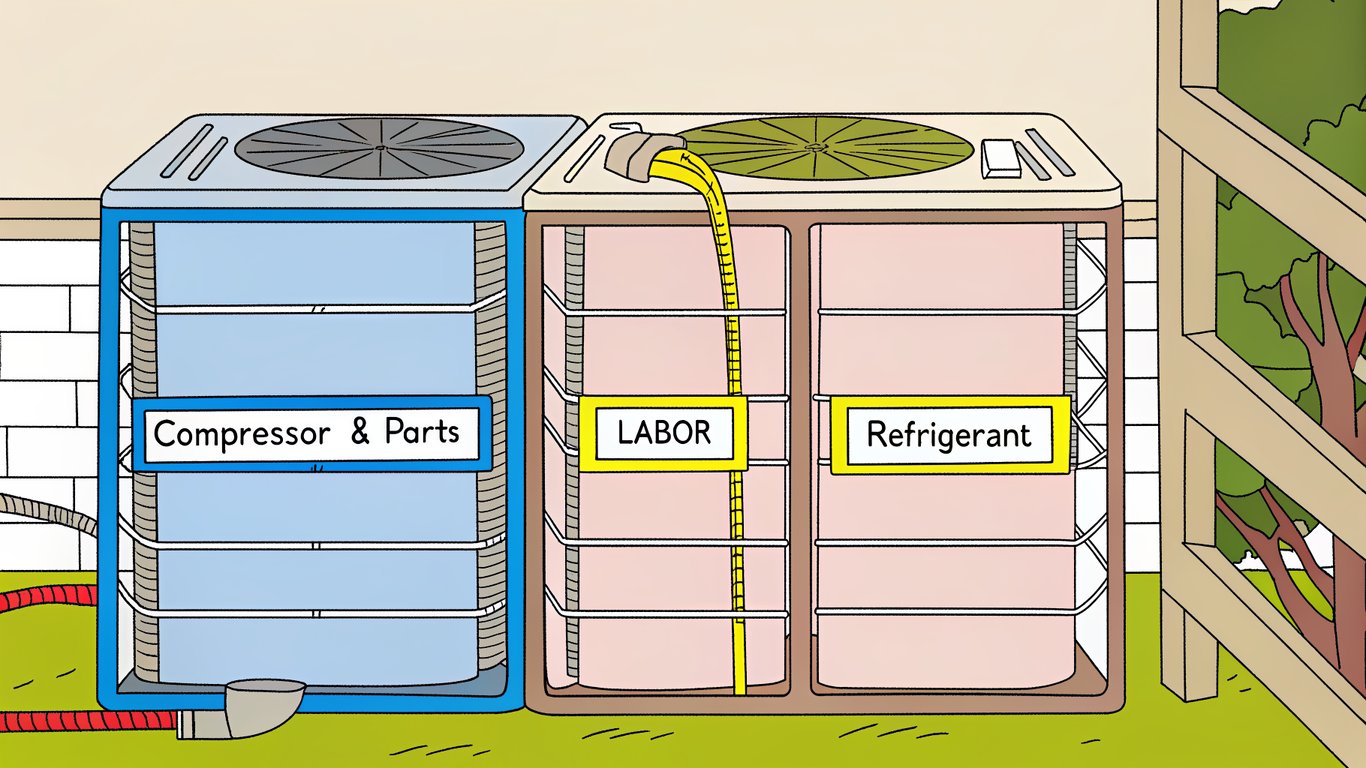 Diagram of a heat pump with sections highlighted for compressor, other parts, labor, and refrigerant, indicating typical warranty coverage areas.