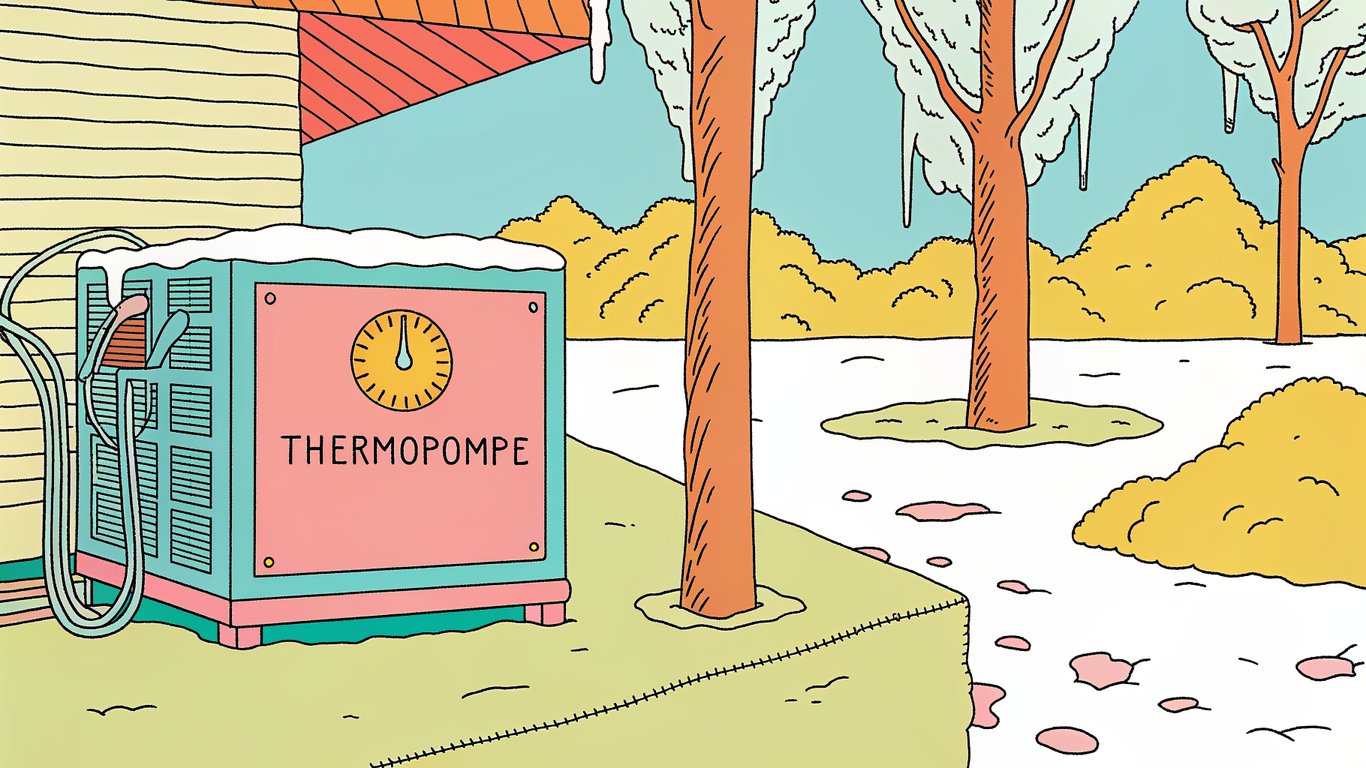 Illustration of a thermopompe outdoor unit effectively heating a home in a very cold, snowy Quebec winter environment, emphasizing its low-temperature performance.