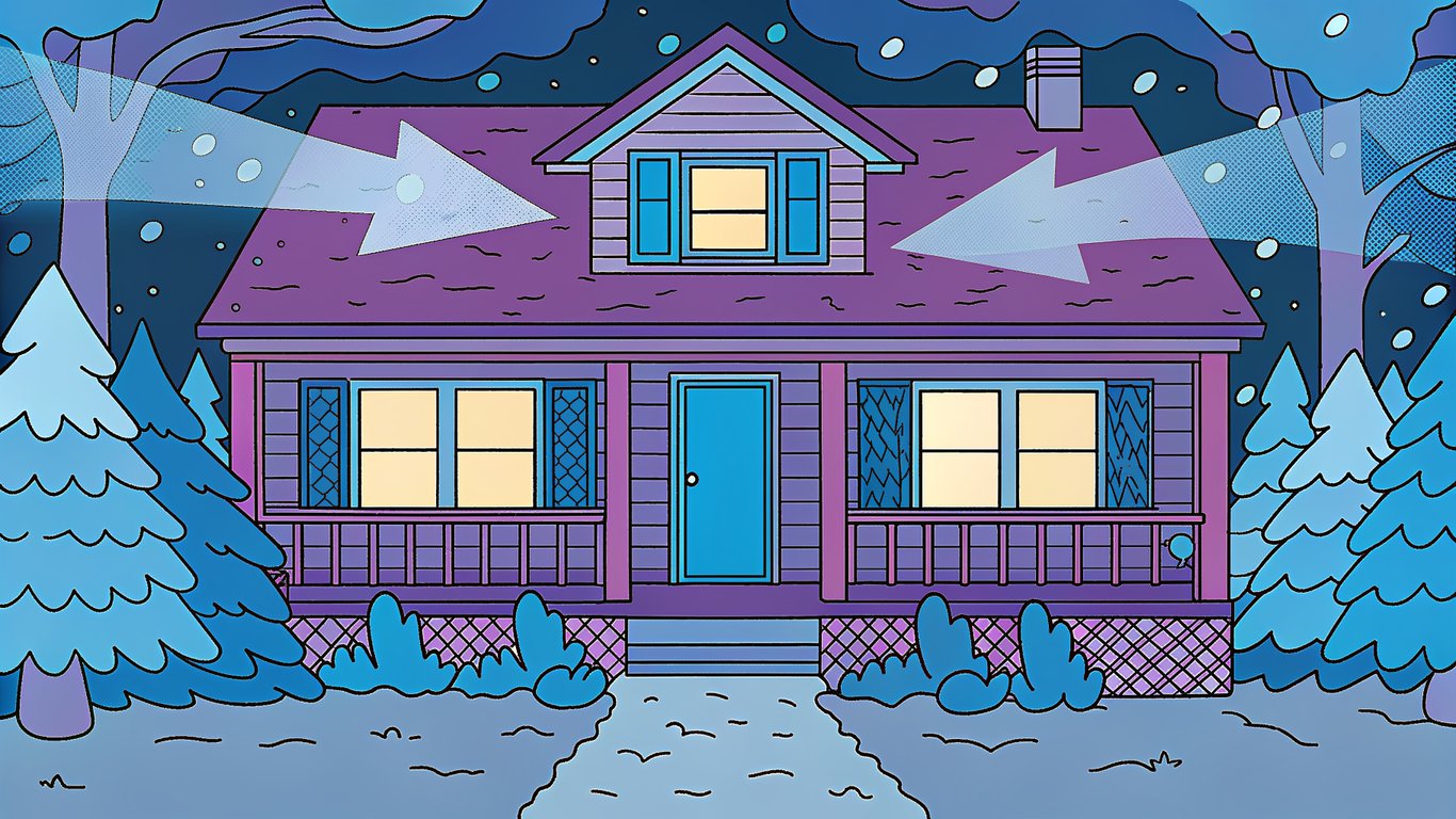 Illustration of a heat pump transferring heat: from outside to inside in winter, and inside to outside in summer.