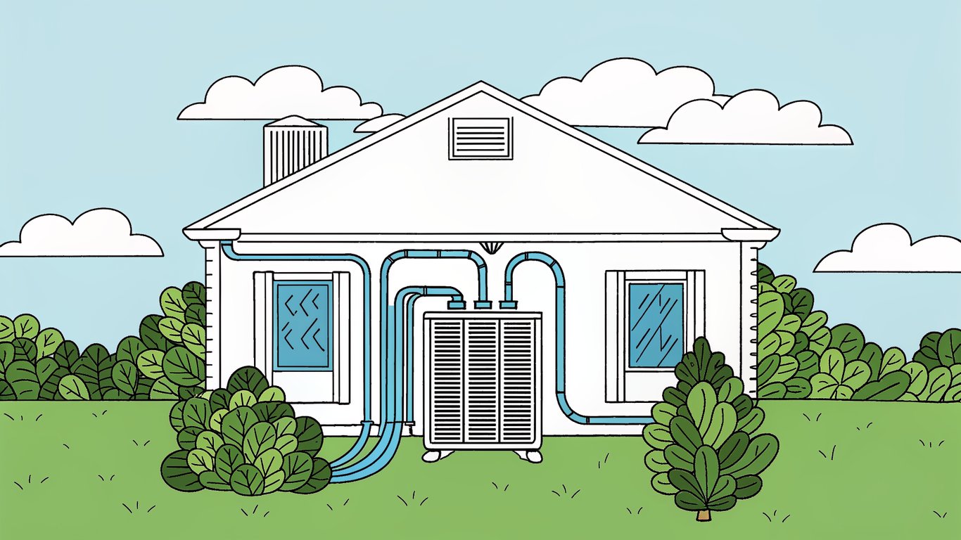 Diagram of a central heat pump system showing outdoor unit, indoor unit, ducts, and thermostat.