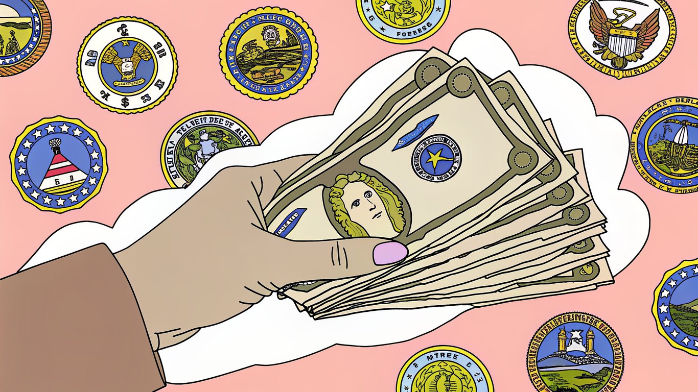 Illustration of stacked money and government logos, representing financial incentives and rebates.