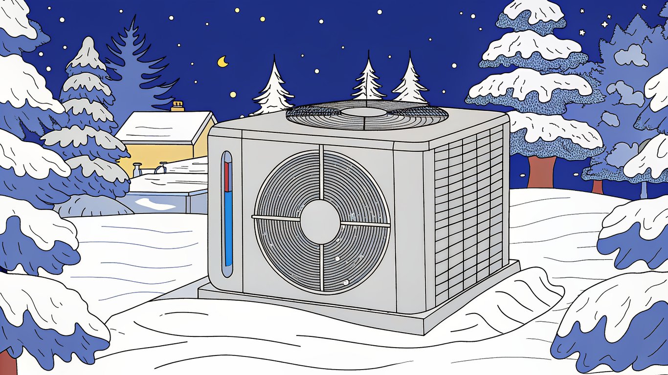 Illustration of an ENERGY STAR heat pump operating effectively in a harsh, snowy winter environment.