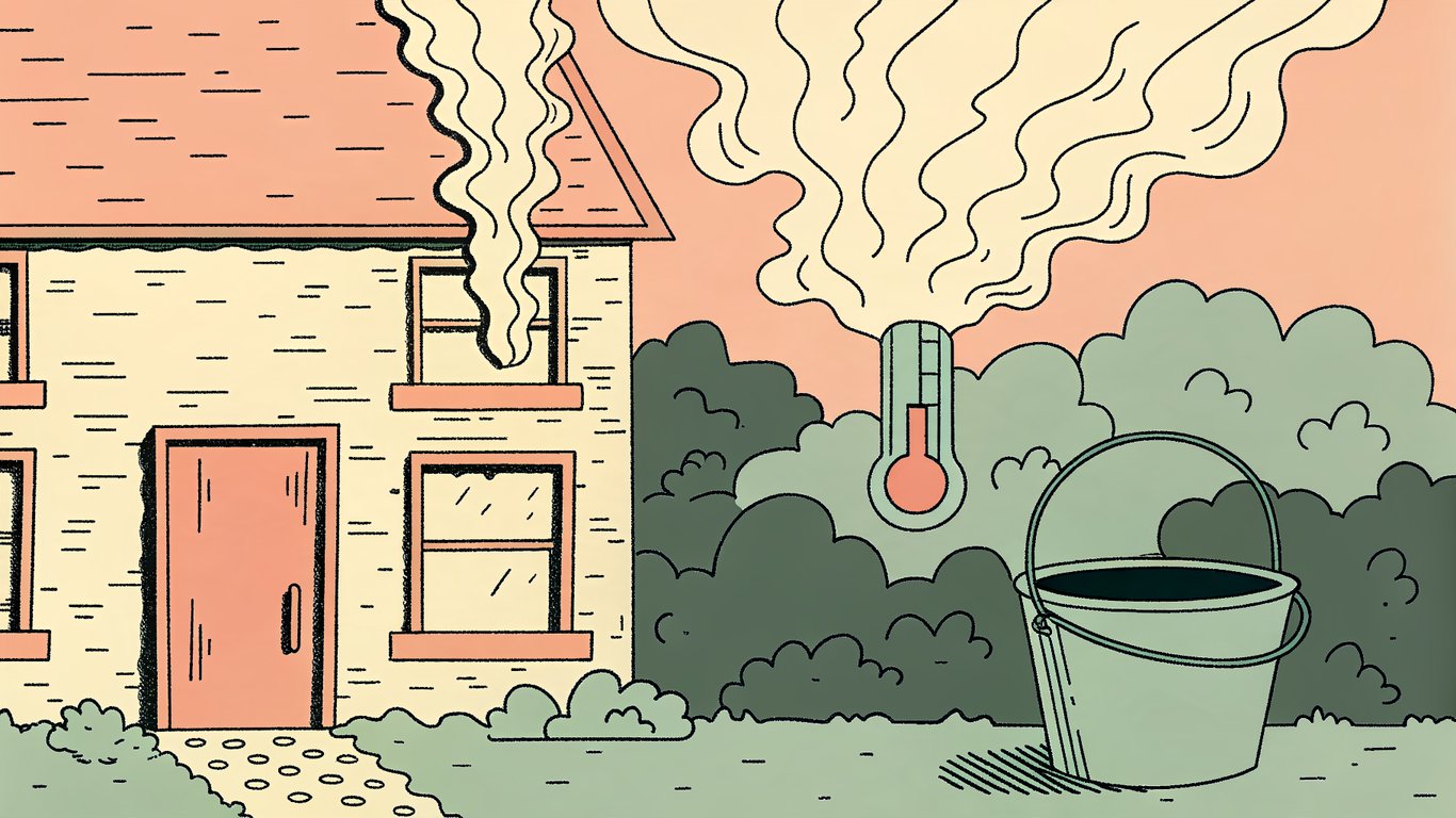 A house illustrated as a leaky bucket, with heat escaping through cracks and openings, symbolizing heat loss.