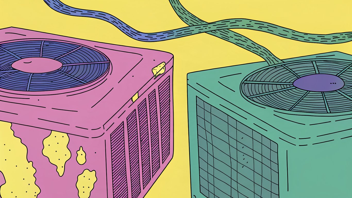 Illustration comparing an oversized heat pump short-cycling and an undersized heat pump running continuously.