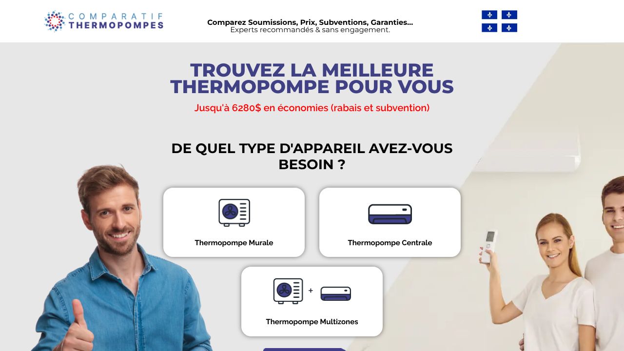 Screenshot of the Comparatif Thermopompes website, showing options to compare heat pump quotes.