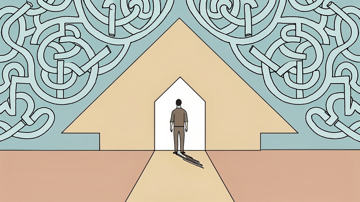 Illustration of a person navigating a complex maze towards a clear path to a house, symbolizing simplifying complex rebate programs.