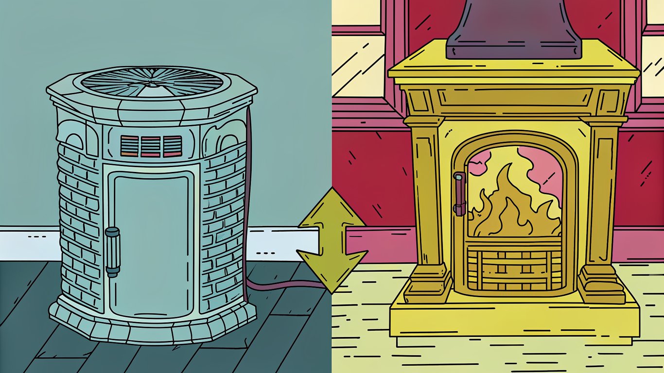 Illustration showing an old oil furnace transforming into a new, efficient electric heat pump.