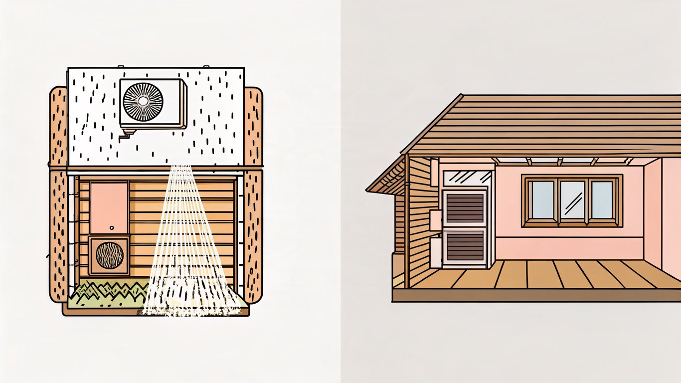 Comparison of a home with a wall-mounted ductless heat pump and a home with a central ducted heat pump system.