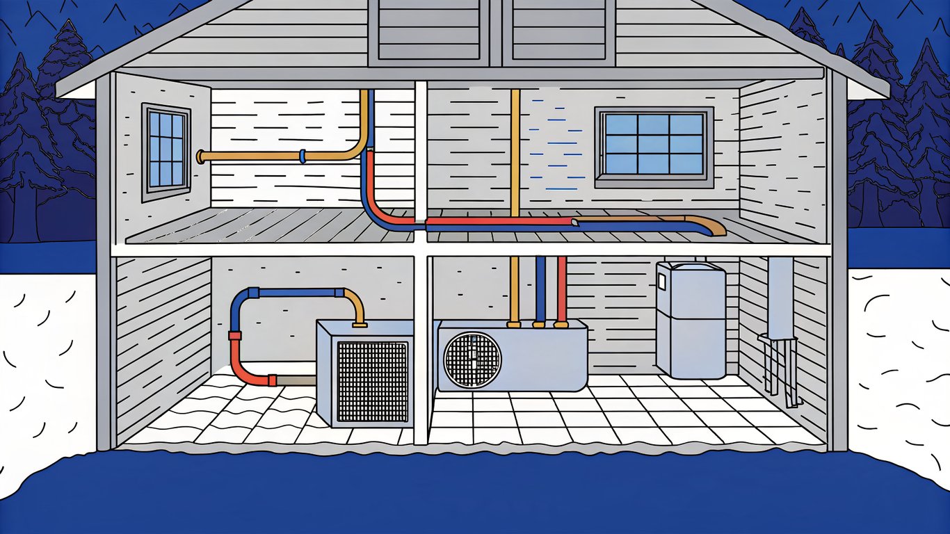 Diagram illustrating a central ducted heat pump system with an outdoor unit, an indoor air handler, and a network of ducts distributing air throughout the house.