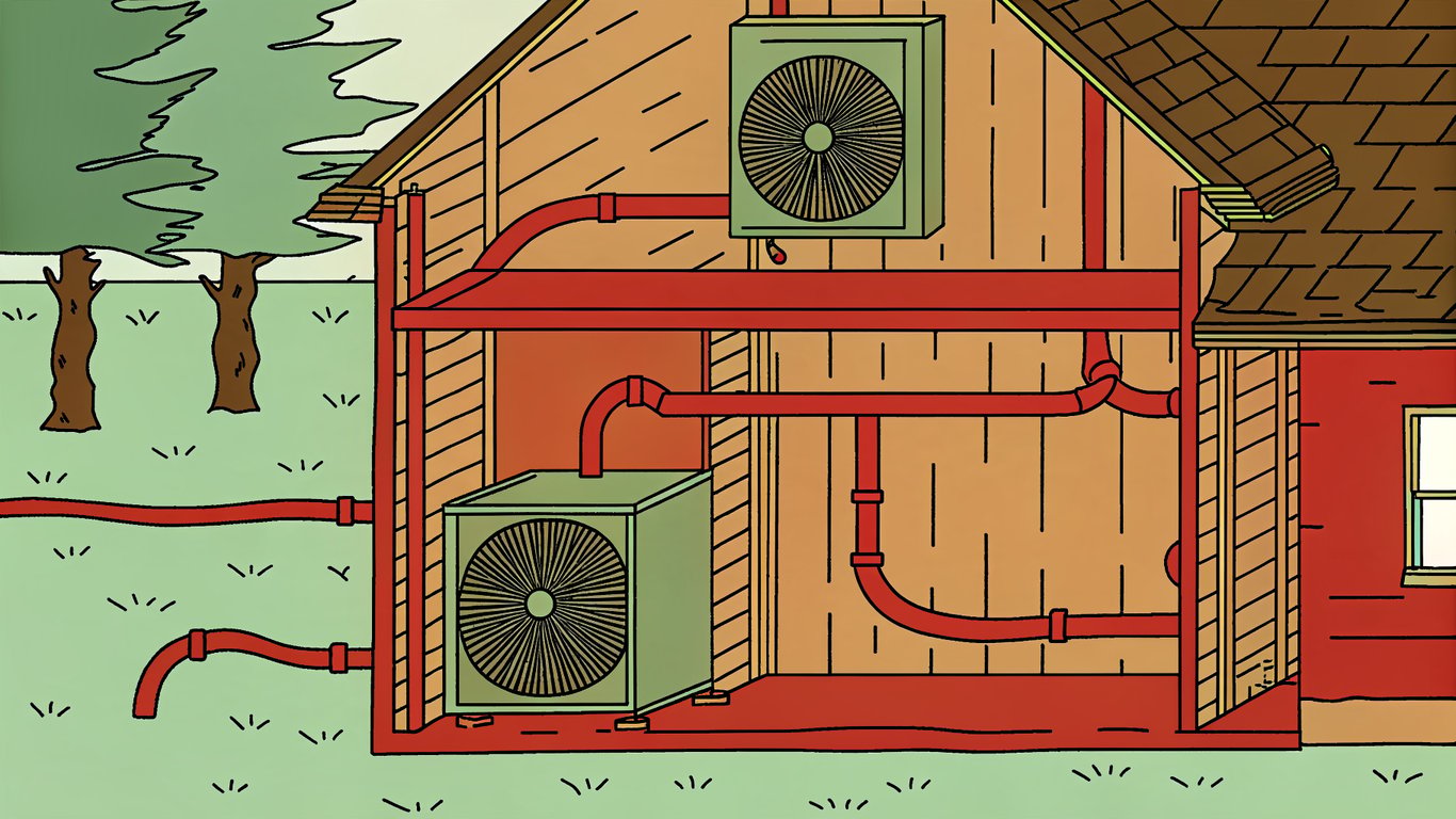 Diagram illustrating a ductless mini-split heat pump system with an outdoor unit, refrigerant lines, and an indoor wall-mounted air handler.