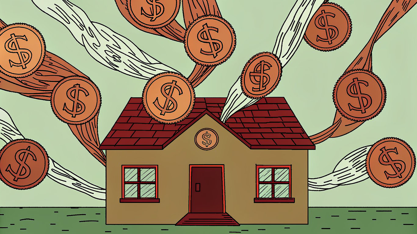 Illustration showing multiple government and utility rebate streams converging towards a house with a heat pump.