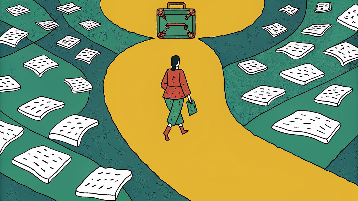 Illustration of a person navigating a complex path of documents and deadlines towards a heat pump.