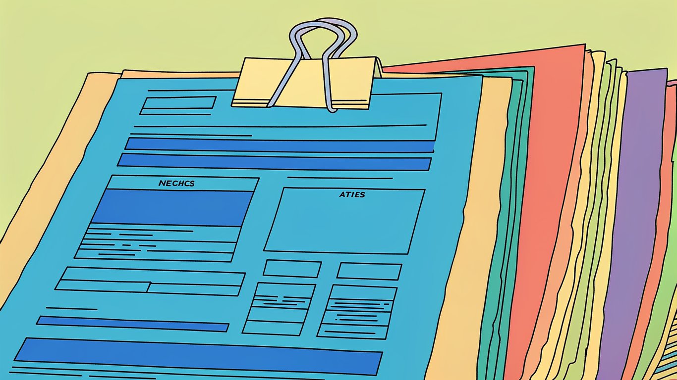 Illustration of a well-organized stack of documents representing all required paperwork for heat pump rebates.